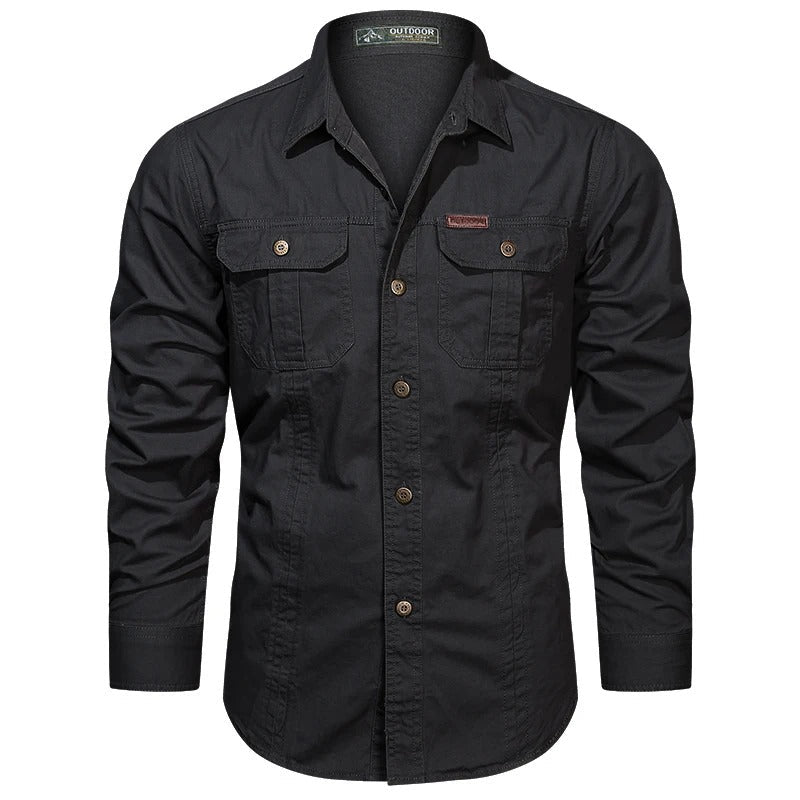 Collar detail of men's casual button-down utility shirt in fashion fit