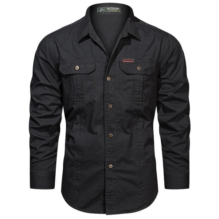 Collar detail of men's casual button-down utility shirt in fashion fit