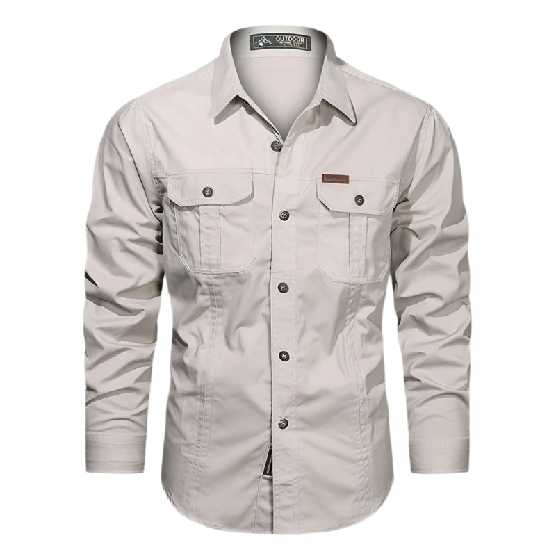 Front view of Reed men's long sleeve button-down utility shirt in beige