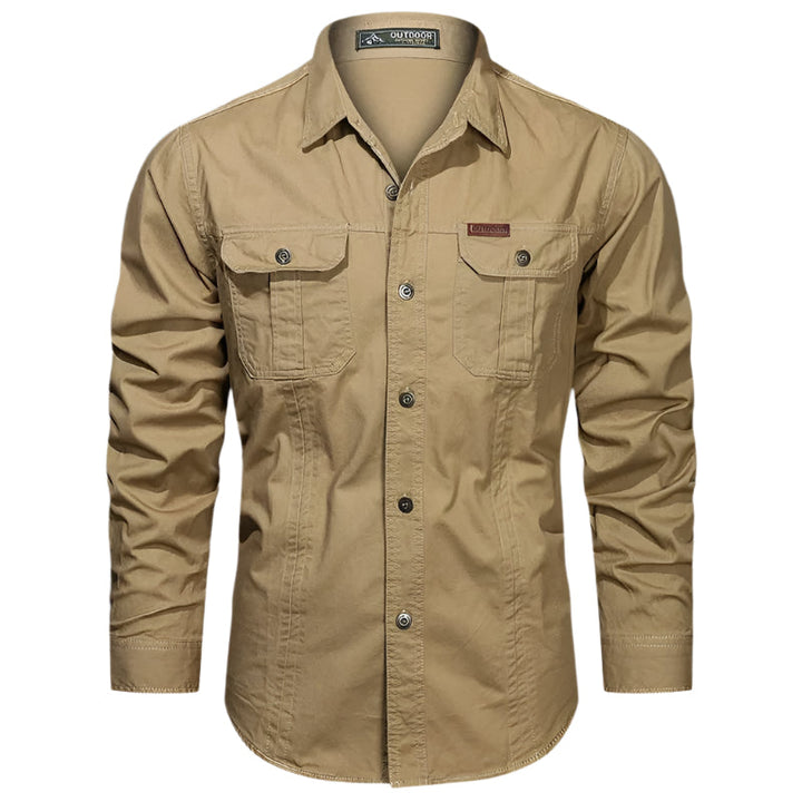 Interior label and fabric weave detail of men's workwear shirt
