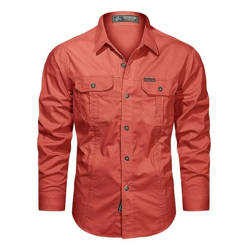 Folded men's utility shirt showing durable fabric and stitching