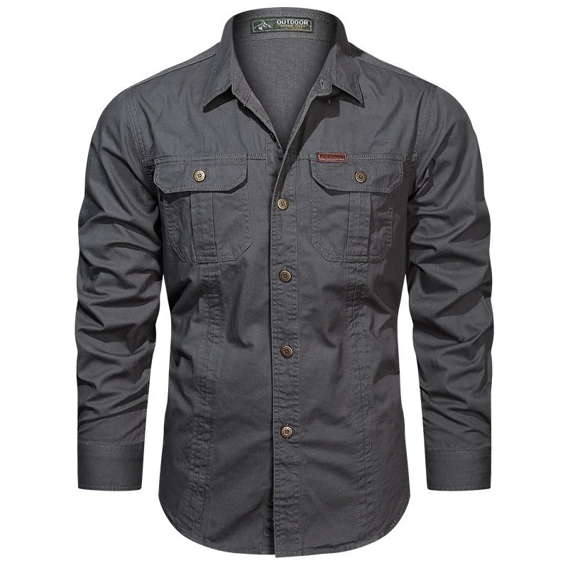 Side angle view of men's long sleeve casual wear shirt