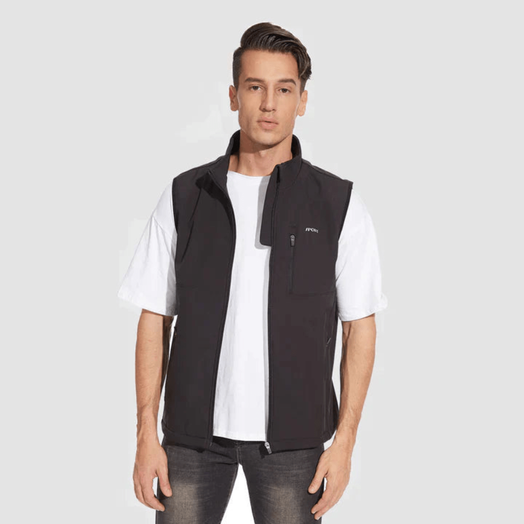 Man wearing a black full-zip lightweight vest with a white t-shirt