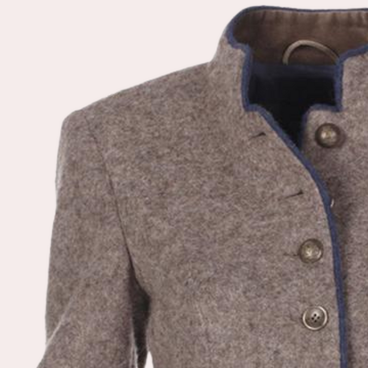 Close-up of structured collar and button details on brown women's blazer