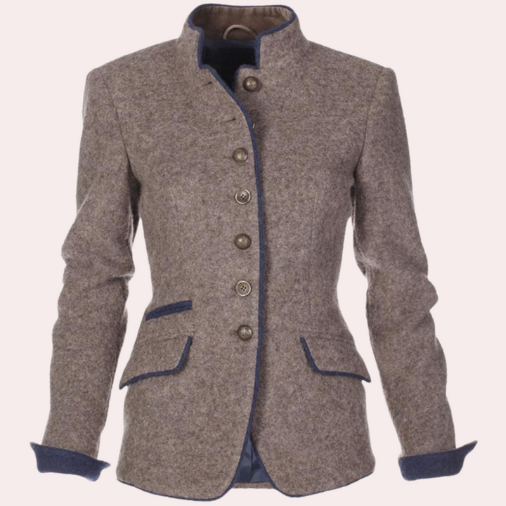 Brown women's tailored blazer displayed flat with structured collar and buttons
