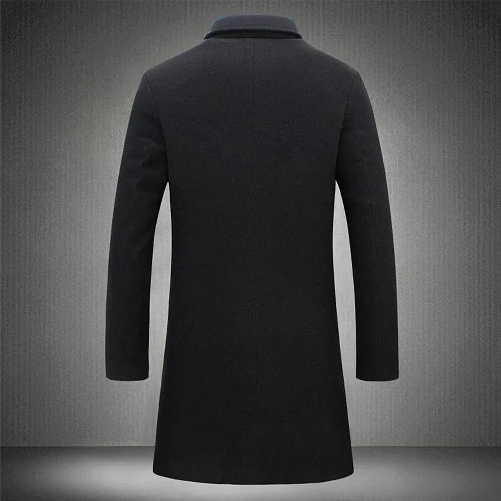 Classic black men's long winter overcoat with notched lapel in stylish outerwear design