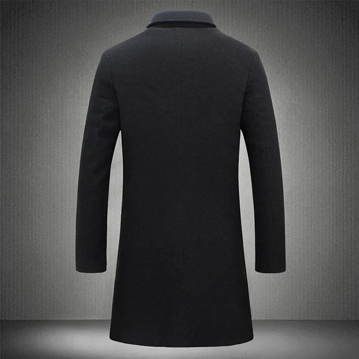 Classic black men's long winter overcoat with notched lapel in stylish outerwear design