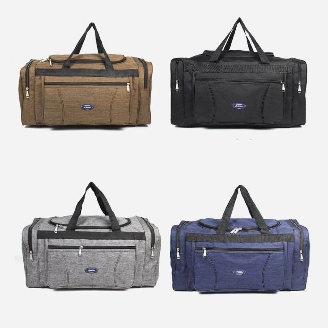Large capacity waterproof travel duffle bags shown in blue, grey, black, and brown.
