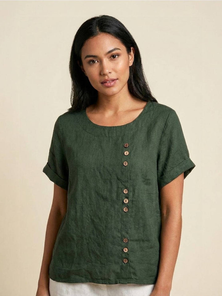 Model wearing army green short sleeve scoop neck button tee