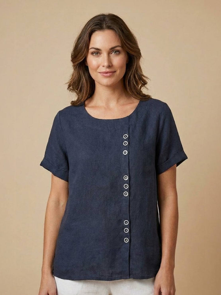 Women's casual short sleeve scoop neck button tee in solid color
