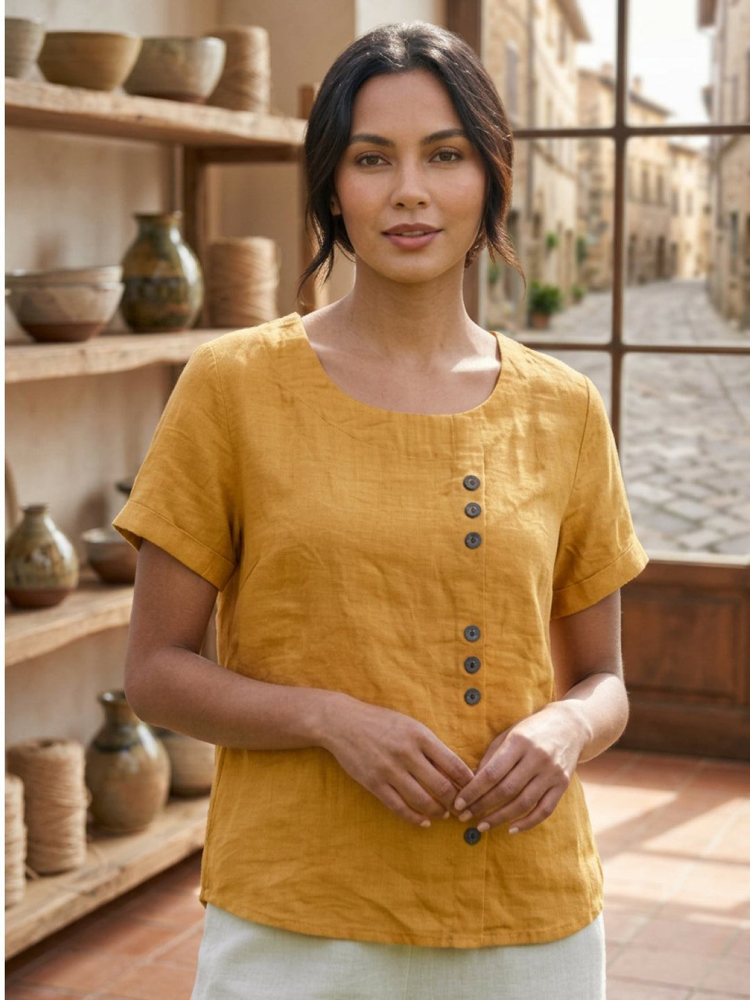 Detailed collar and neckline of women's casual tee