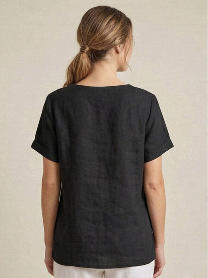Front placket detail on women's scoop neck casual top