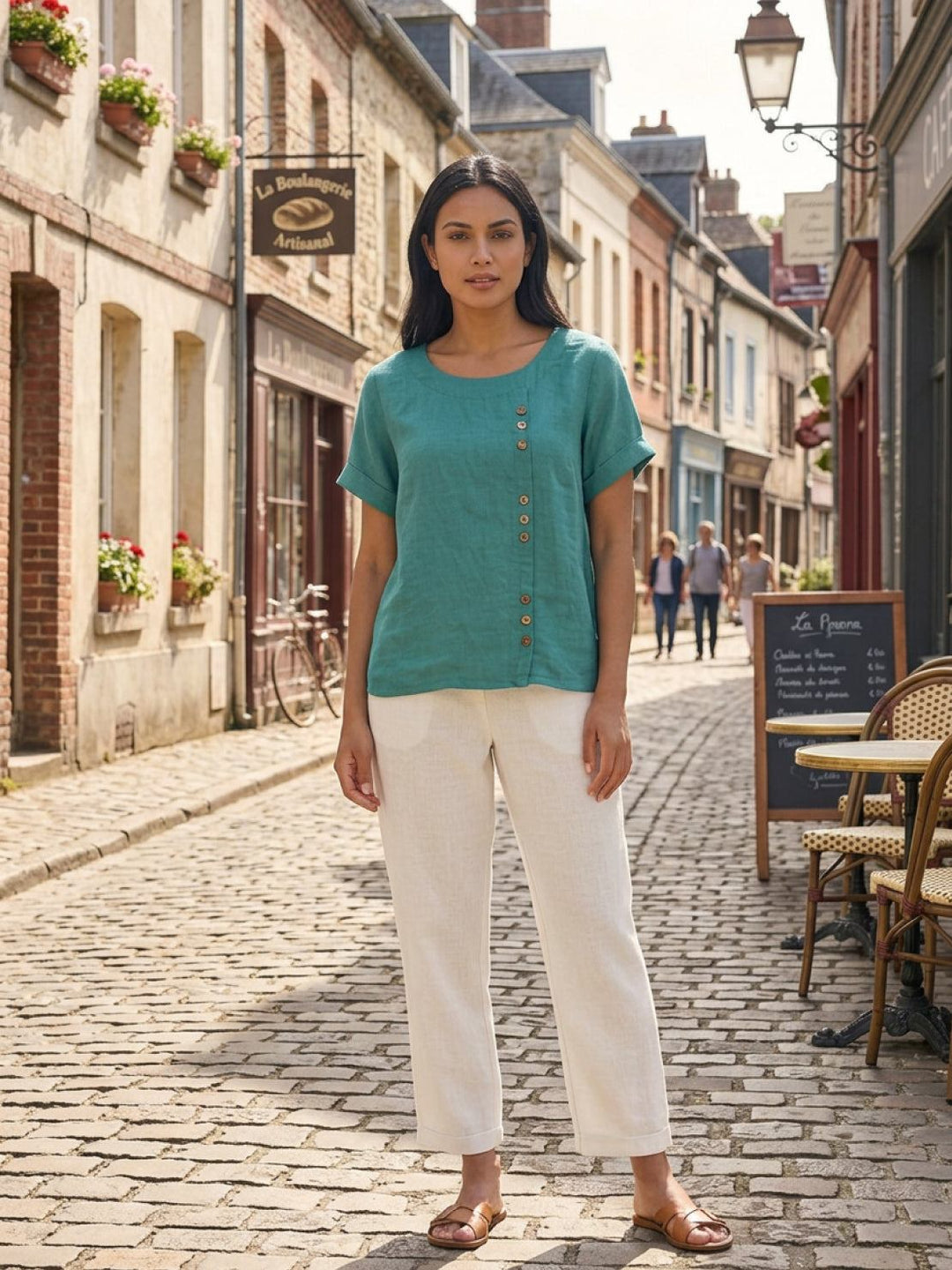 Everyday casual style featuring women's scoop neck tee