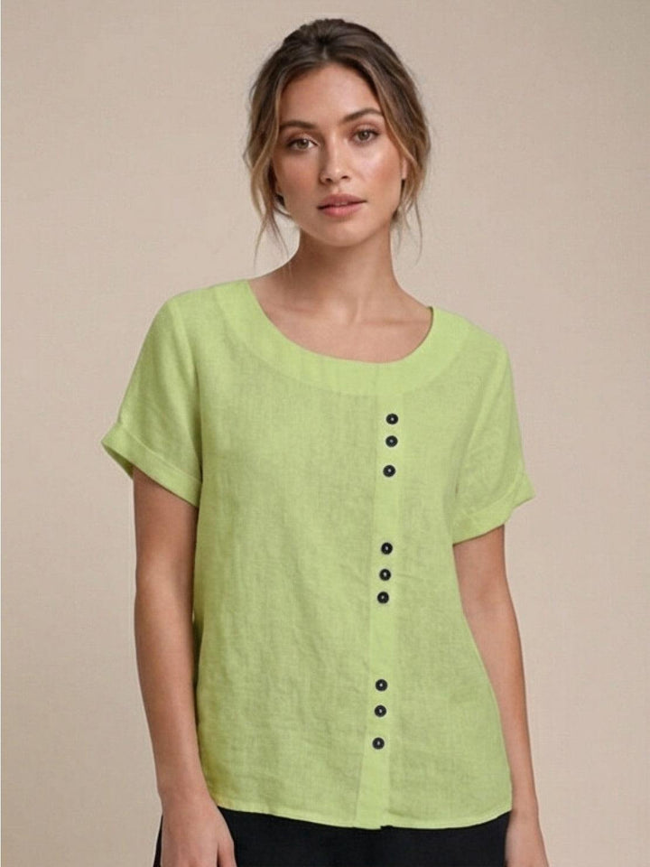 Model wearing women's casual scoop neck summer top