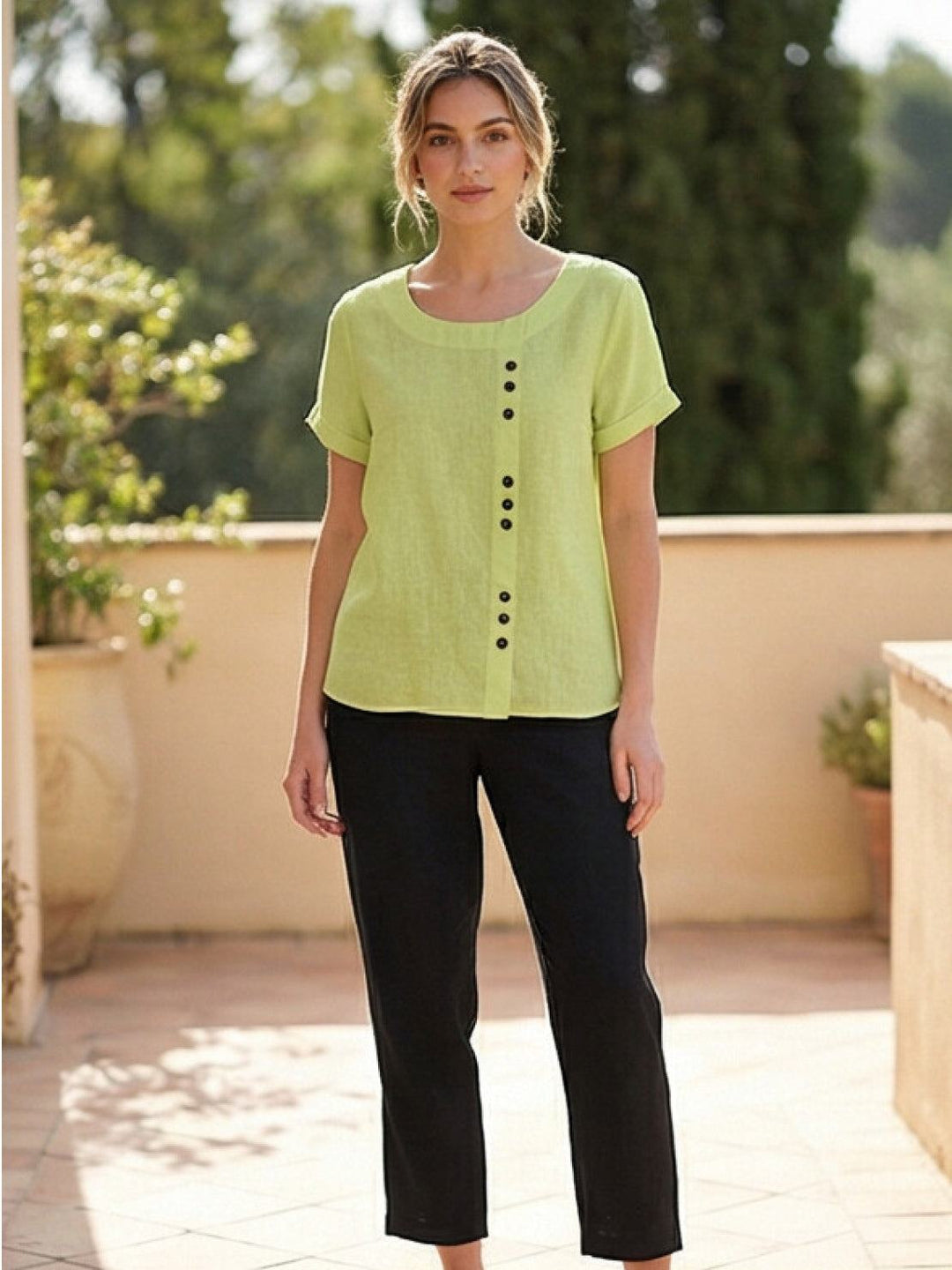 Close view of soft material on women's short sleeve tee