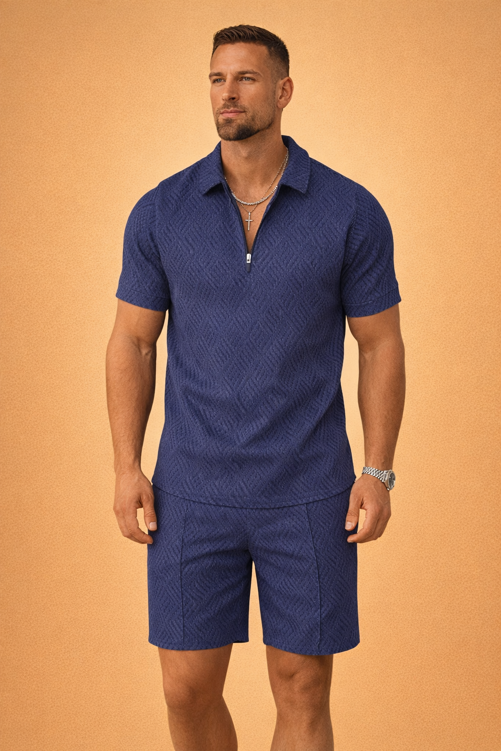 Side angle of the mens coordinated smart casual outfit featuring tailored shorts