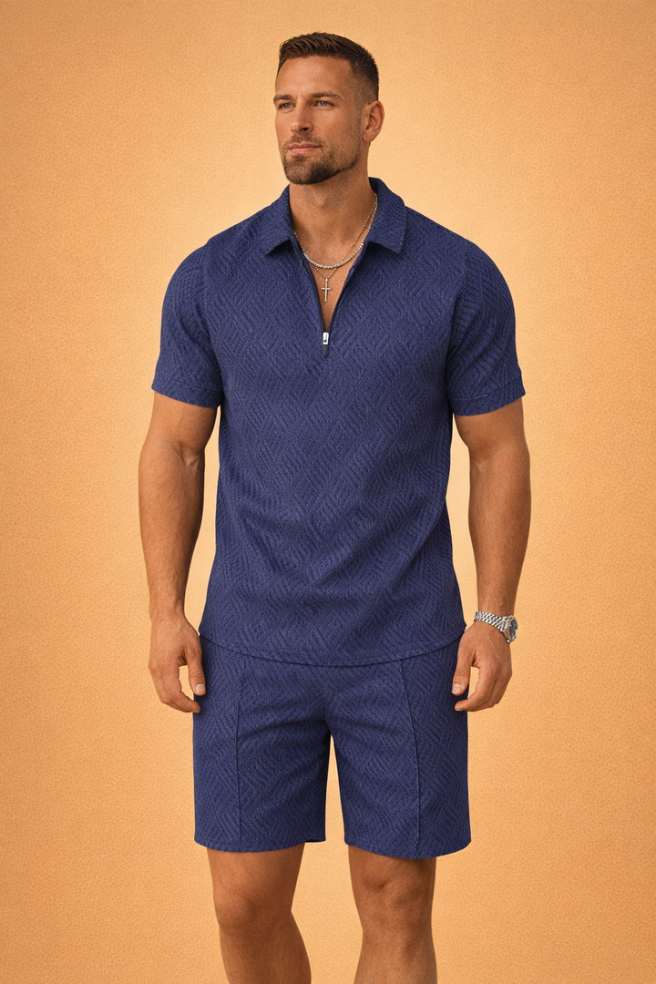 Side angle of the mens coordinated smart casual outfit featuring tailored shorts