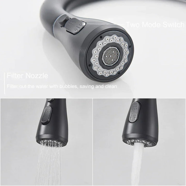 Matte black modern retractable kitchen faucet with single lever mixer for sink
