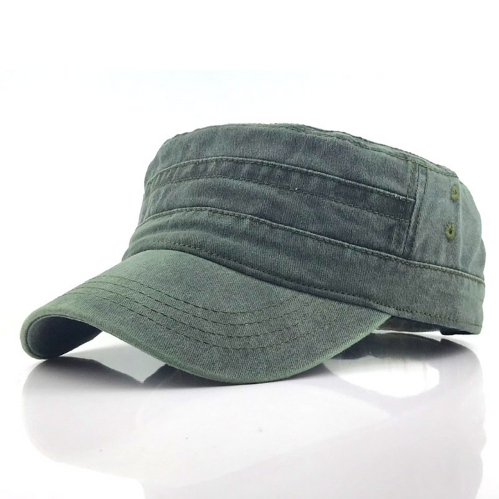 Dark Green retro army hat viewed from the side