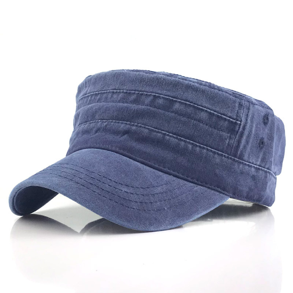 Dark blue retro army hat showcasing its curved brim and structured top