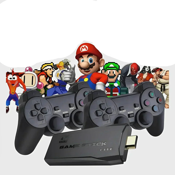 Retro game console stick with two black wireless controllers and classic characters
