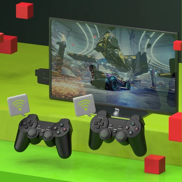 Retro 4K game console connected to a modern TV with wireless controllers on display