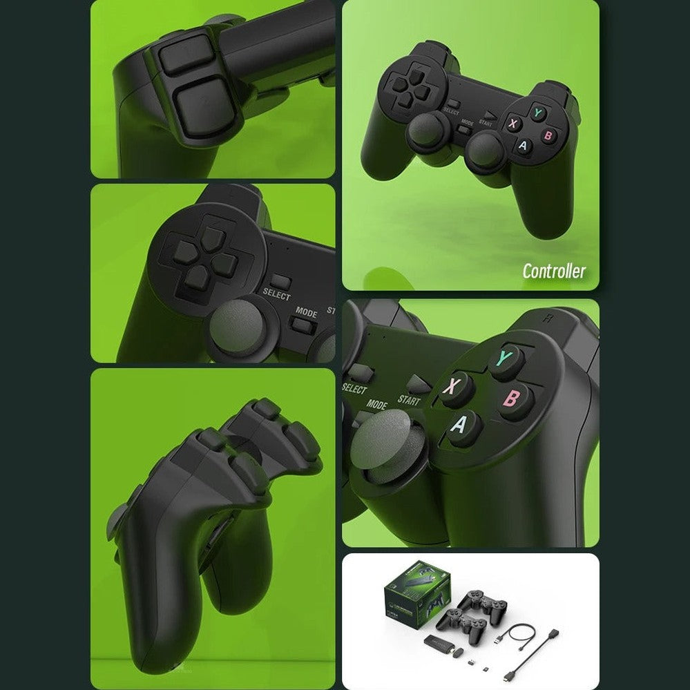 Close-up views of the wireless controller buttons, triggers, and included accessories