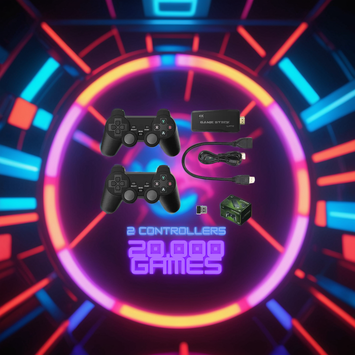 Complete gaming accessories bundle with console and two controllers