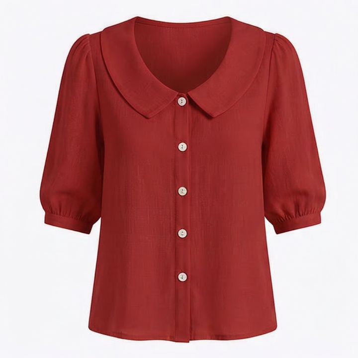 Red retro Peter Pan collar button up blouse with short puff sleeves