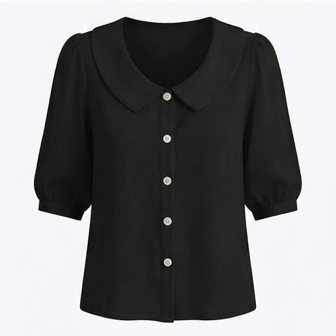 Black retro Peter Pan collar button up blouse showcasing contrast buttons