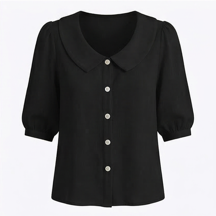 Black retro Peter Pan collar button up blouse showcasing contrast buttons