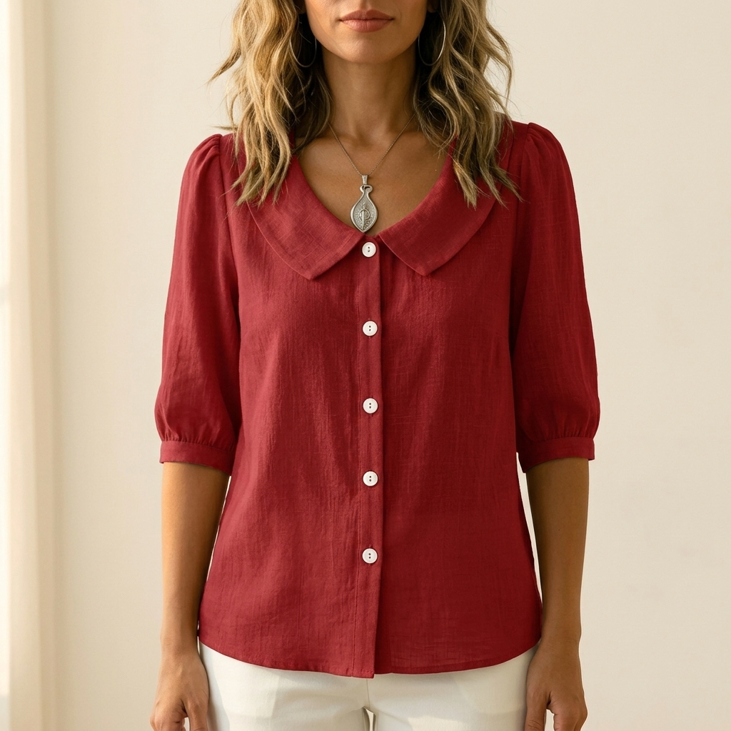 Short sleeve button up top styled for casual everyday wear