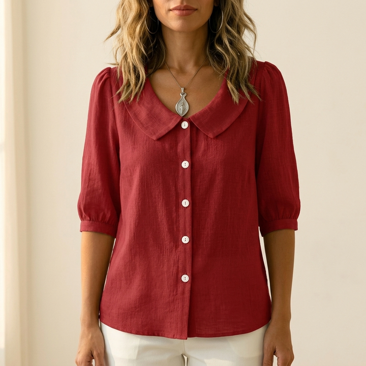 Short sleeve button up top styled for casual everyday wear