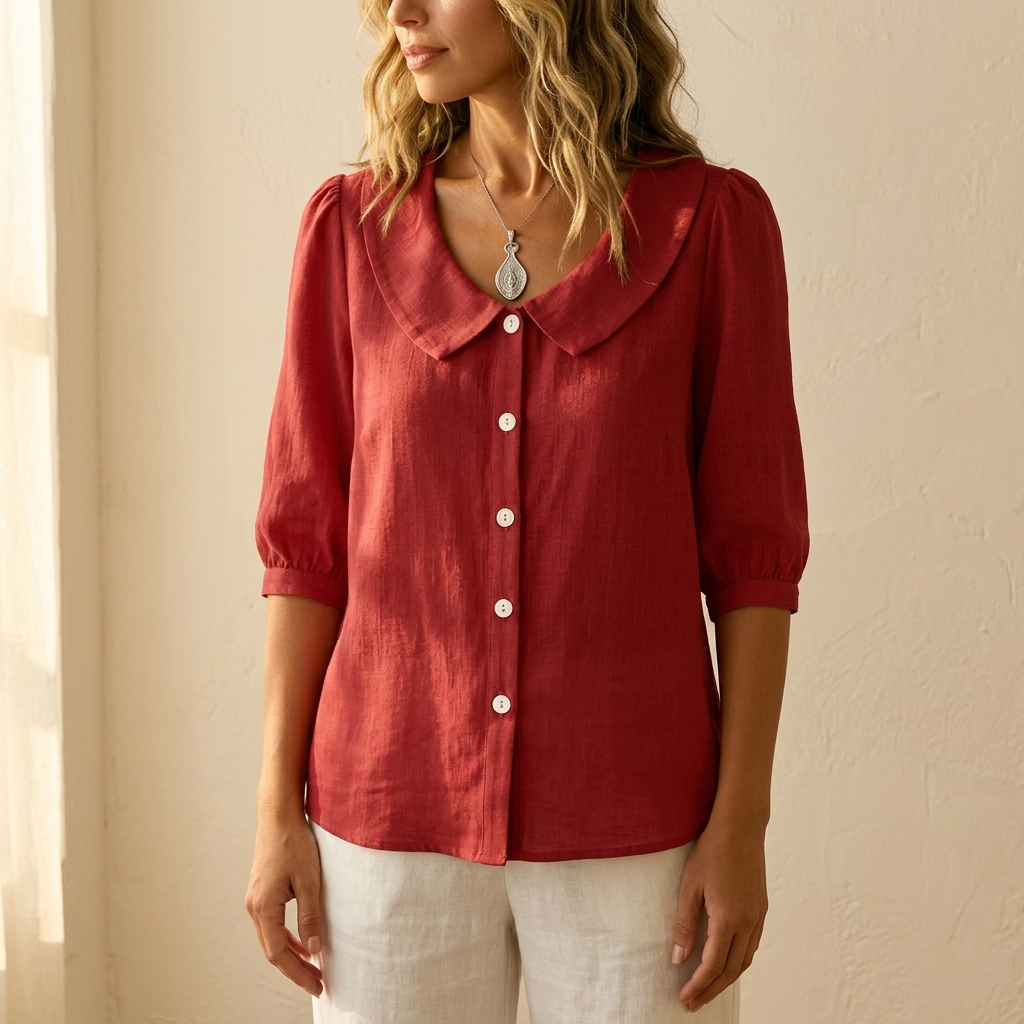 Peter pan collar blouse fabric texture and button detail