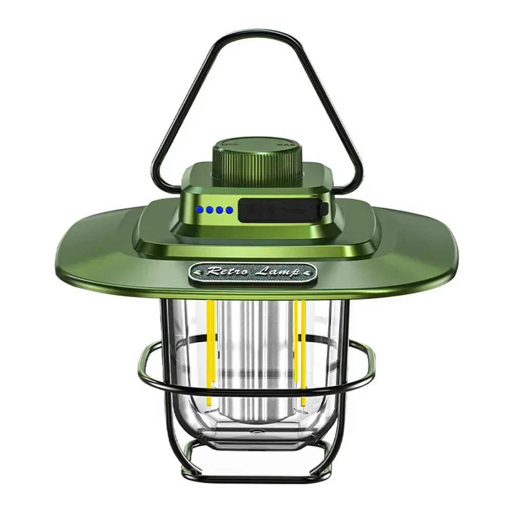 Front view of green retro camping lantern with hanging handle