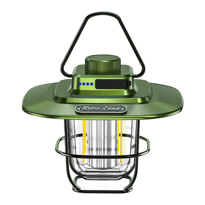 Front view of green retro camping lantern with hanging handle