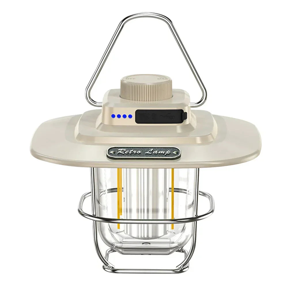Front view of khaki retro camping lantern with hanging handle