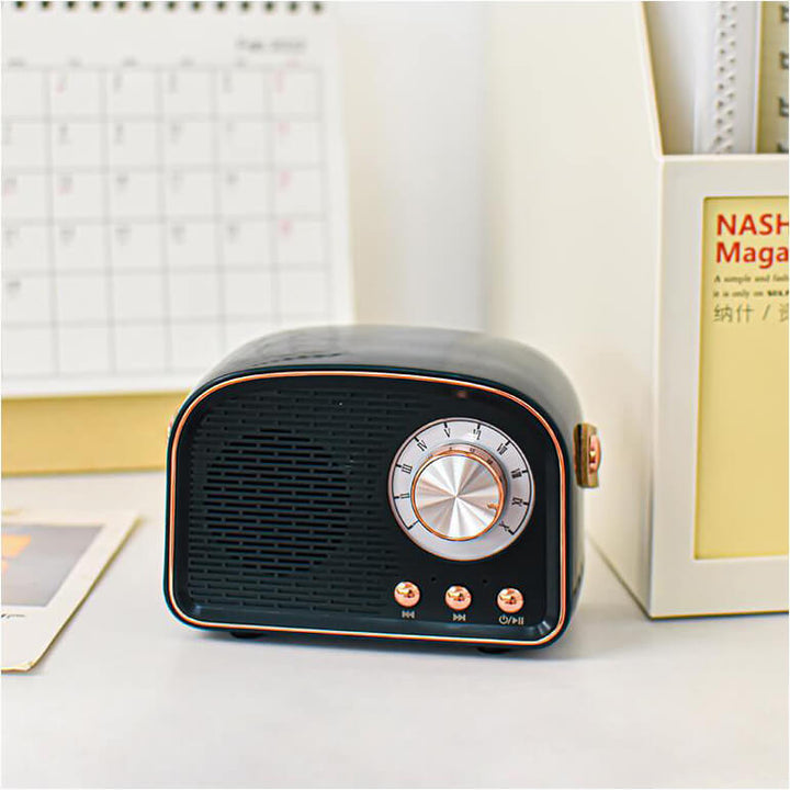 Close-up of retro speaker control knobs and vintage dial interface