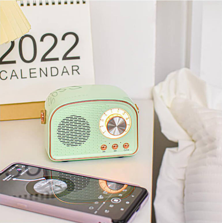 Side angle view of Sandsberg portable retro Bluetooth speaker showcasing vintage design