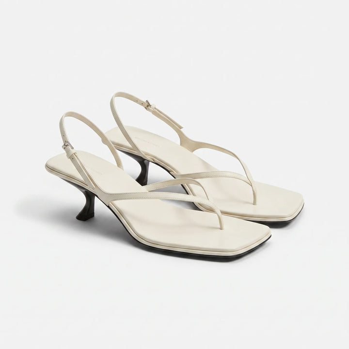 White retro square toe kitten heel sandals with slingback strap