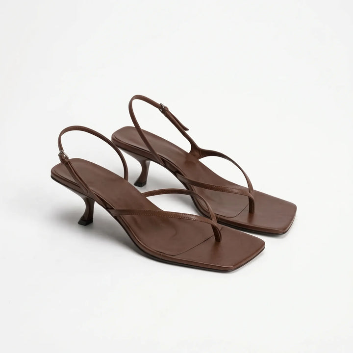 Brown minimalist strappy kitten heel sandals with square toe