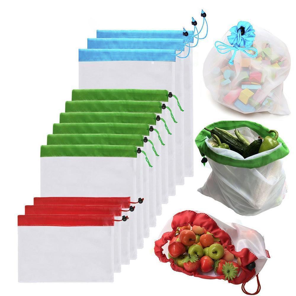 Reusable breathable produce storage bags in various sizes with colorful drawstrings