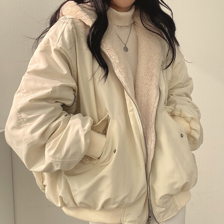 Back view of casual outerwear winter coat with comfortable hood