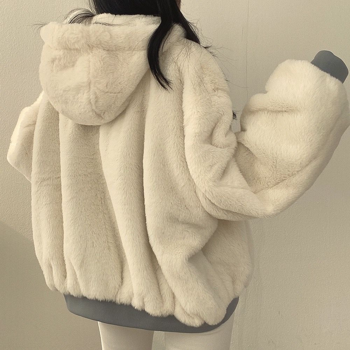 Close-up of soft hood lining on women's winter jacket