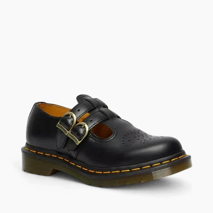 Women's black double buckle Mary Jane flat shoe viewed from side