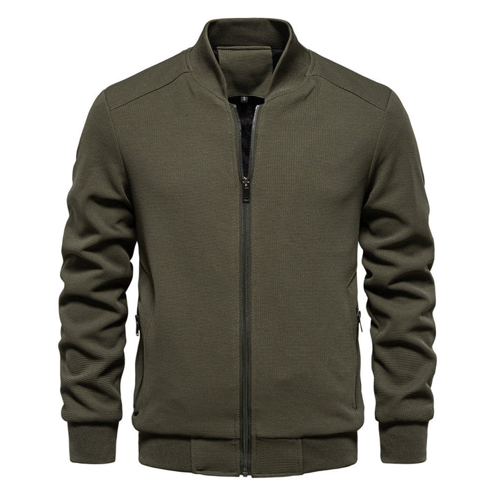 Men's fashion zip-up bomber jacket back view for casual wear