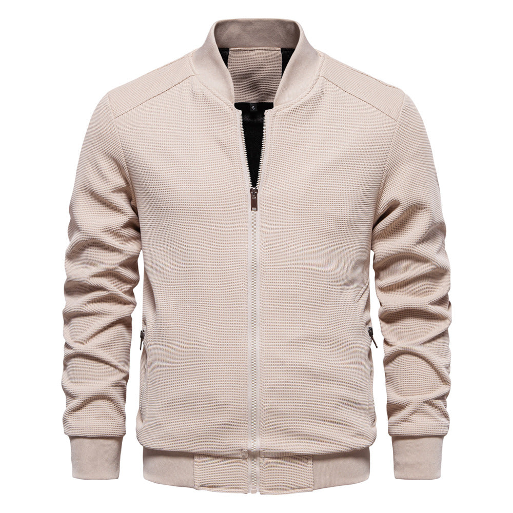 Front view of the Rhys Men's Slim-Fit Bomber Jacket in beige colour