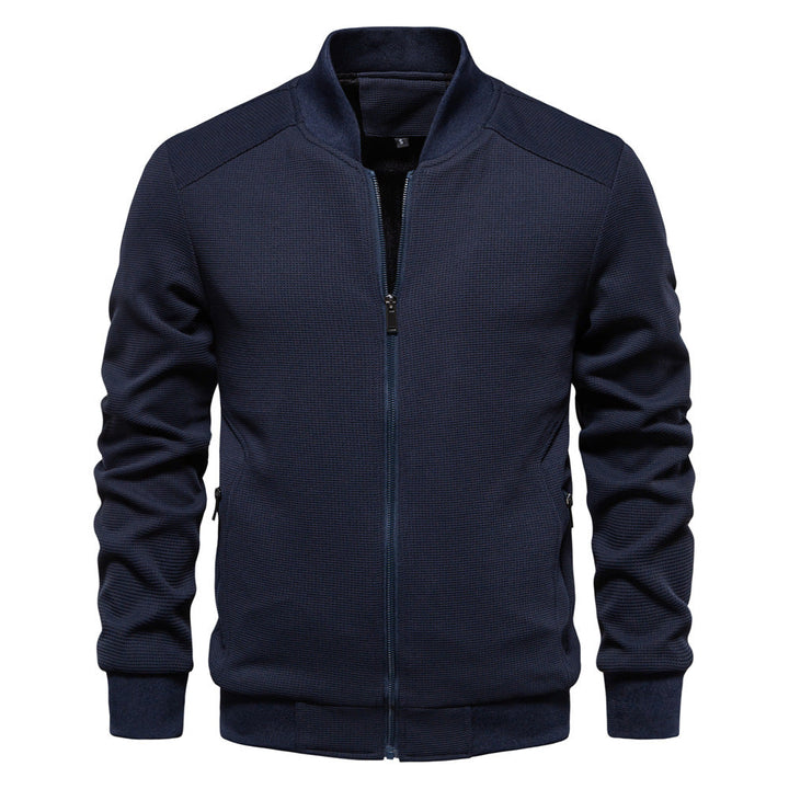 Close-up of men's casual jacket fabric texture and stitching