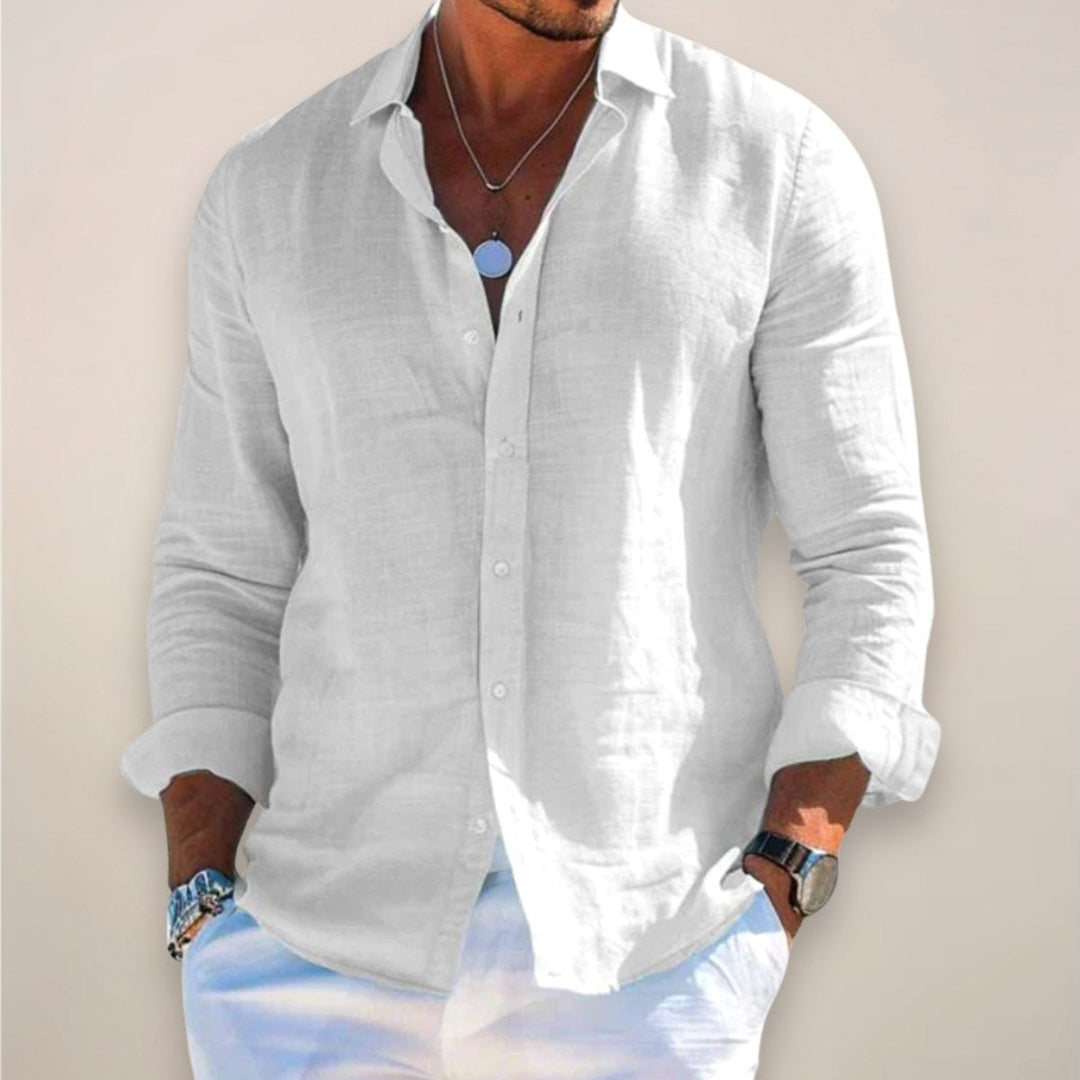 Man wearing a white casual long sleeve shirt
