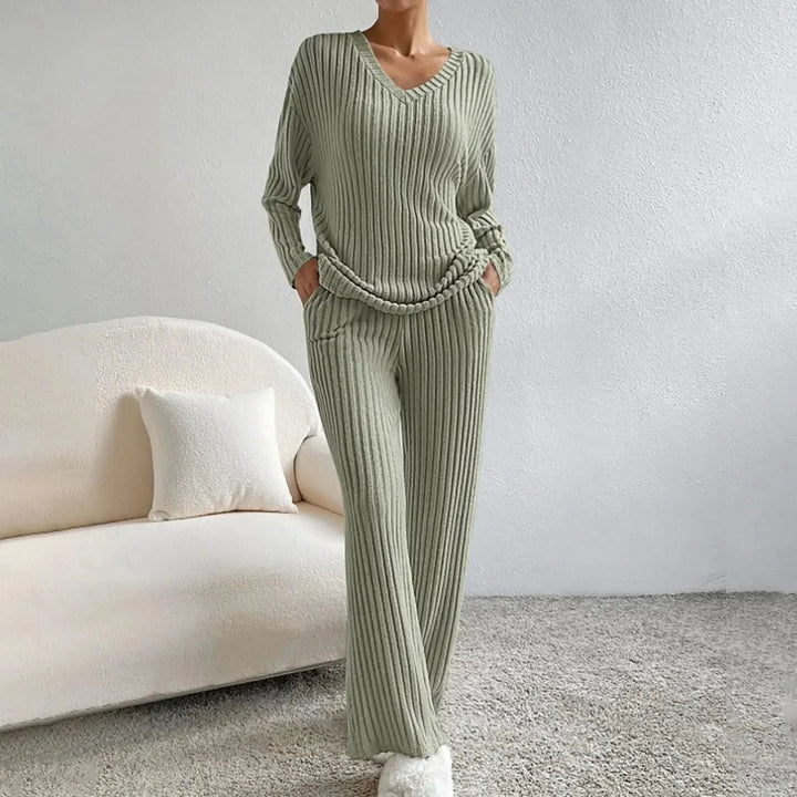Detailed shot of knit fabric texture on the womens matching set